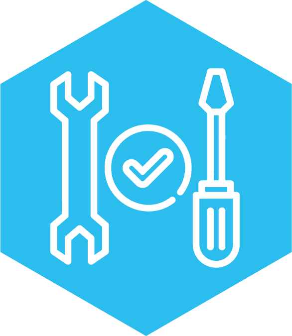 White outline of a wrench, screwdriver and a checkmark inside a blue hexagon