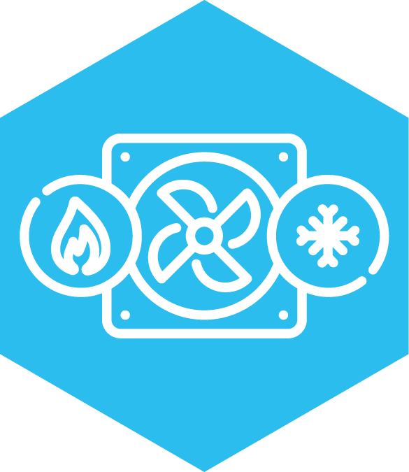 White outline of an A/C fan with a fire symbol on one side and a snowflake symbol on the other inside a blue hexagon